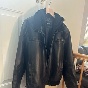Men’s Guess leather jacket with hood.